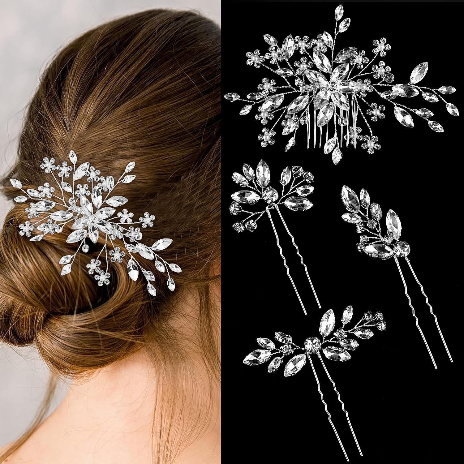 Chanaco Bridal Hair Accessories - Silver Rhinestone Hair Pins