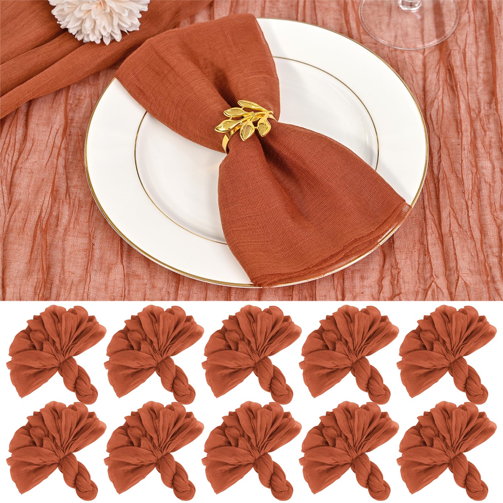 100 Paquets de Serviettes en Tulle de Fromage 43 x 43 cm - Serviettes de Table en Tissu de Coton Doux et Ridé - Serviettes Décoratives Rustiques pour Mariages, Fêtes, Baby Shower, Maison (Terracotta)