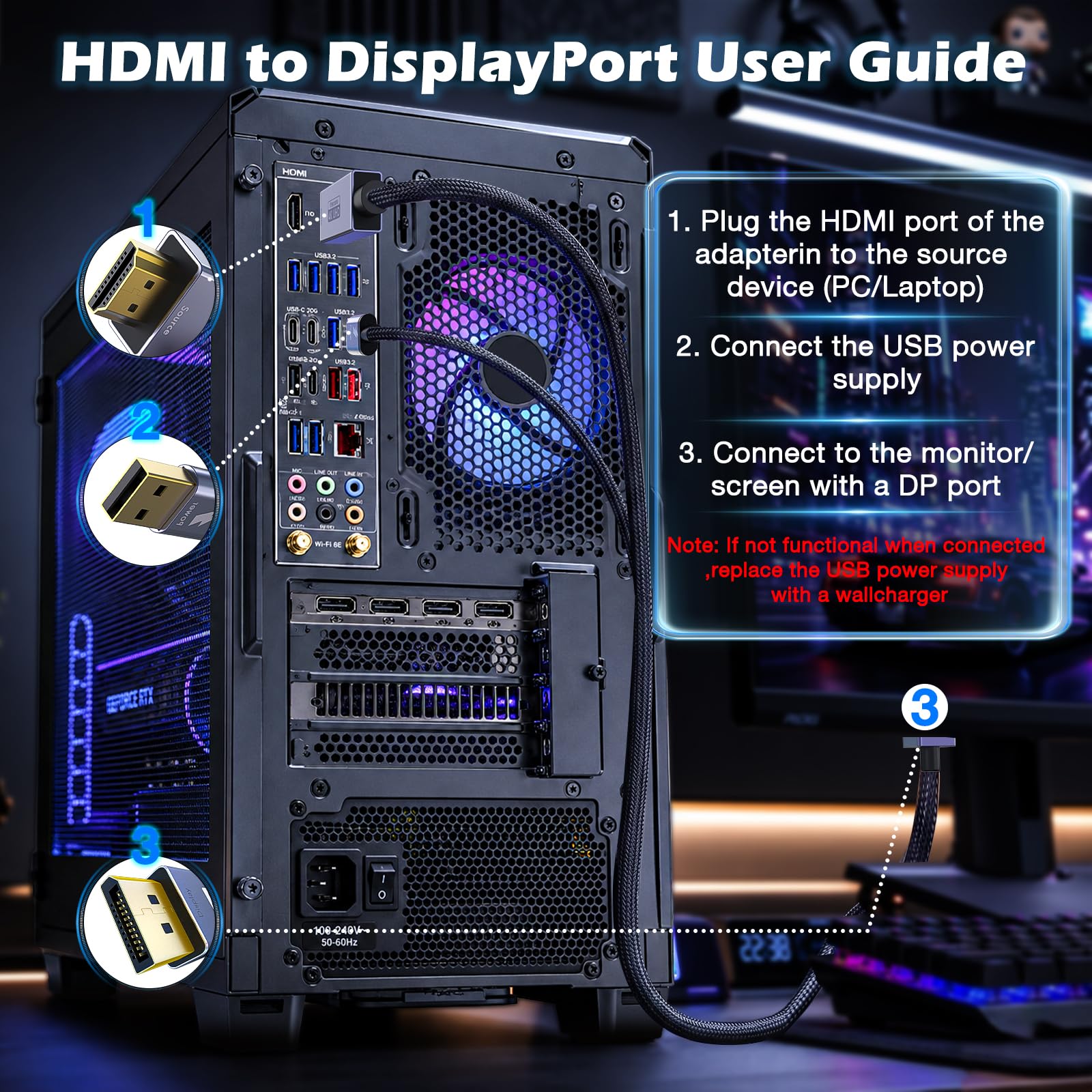 Câble actif HDMI vers DisplayPort unidirectionnel de 3 m (4K @ 60 Hz/1080p @ 120 Hz) | Source HDMI vers DP moniteur adaptateur de port d'affichage compatible avec ordinateur portable, AMD, NVIDIA, PS5