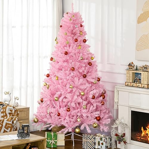 Miniatura 2 de HOMCOM Árbol de Navidad artificial de 7 pies de alto con 1288 ramas, apertura automática, base de acero, forma ancha, color rosa