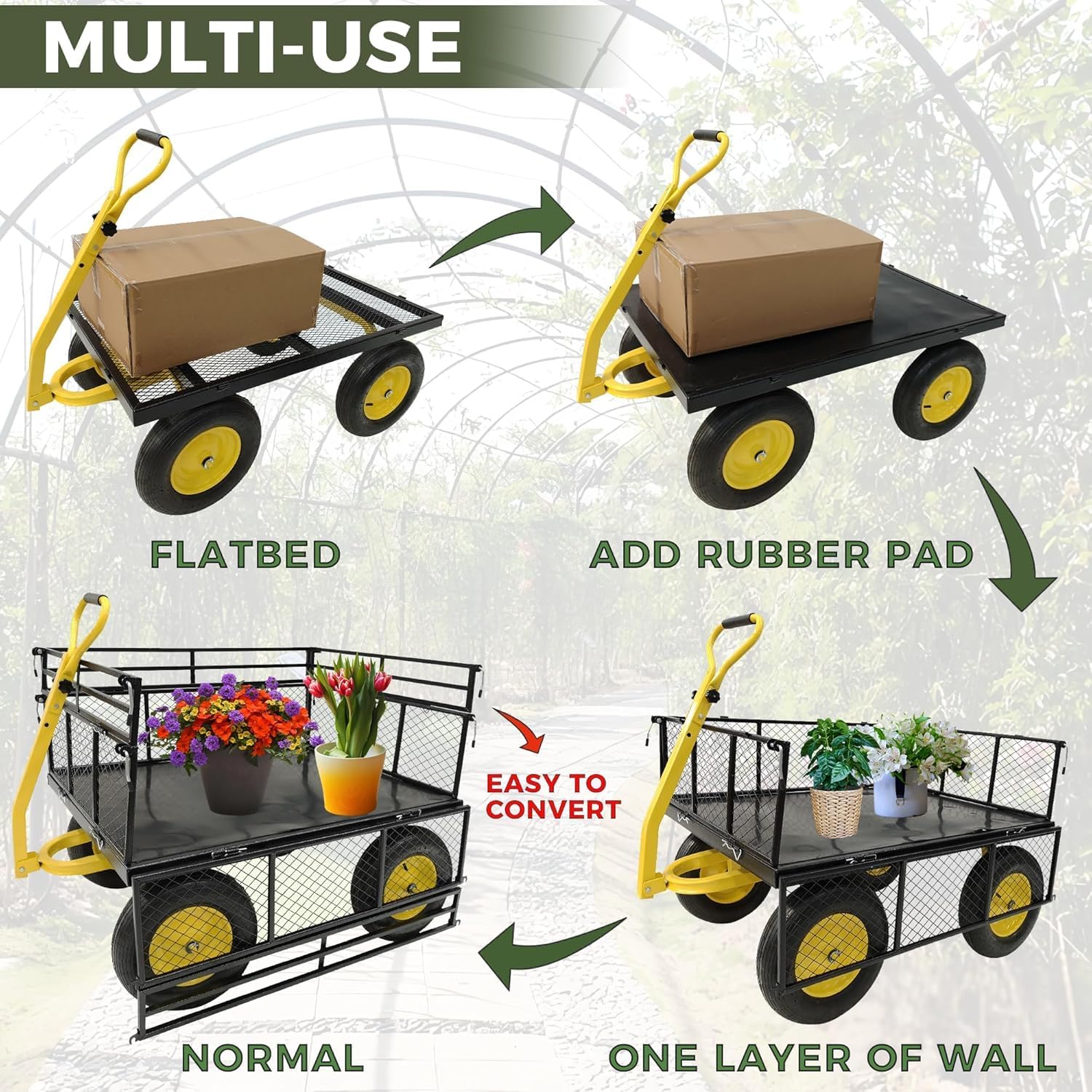 Heavy Duty 1400 lbs Capacity Steel Garden Cart with Removable Mesh Sides & 16" Tires, Convertible Flatbed Utility Wagon for Farm, Yard, Lawn, and Beach Use, Yellow