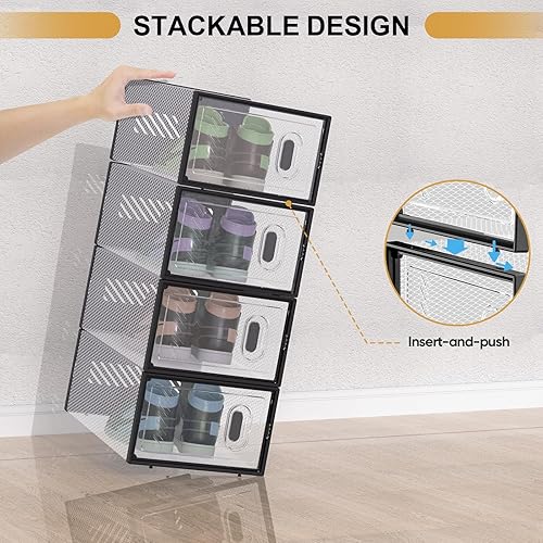 Miniatura 6 de BALEINE Paquete de 12 cajas apilables de almacenamiento de zapatos para tamaño 9, contenedores transparentes gruesos con tapas, organizadores