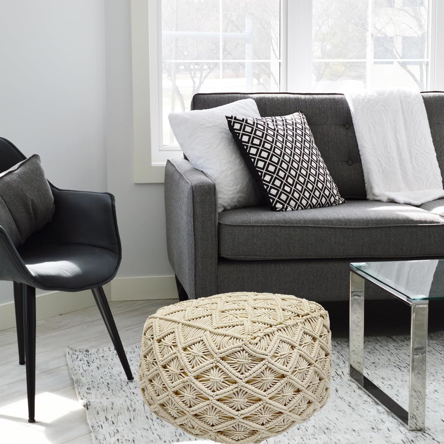 Northlight 18" Beige Handmade Macrame Cotton Square Pouf Ottoman