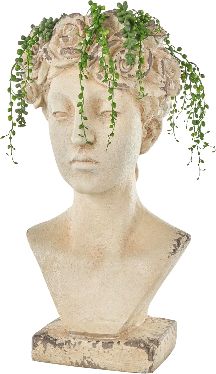 Deco 79 Magnesium Oxide Woman Indoor Outdoor Planter Distressed Antique Greek Bust Large Planter Pot with Floral Accents, Planter 11" x 10" x 22", Cream