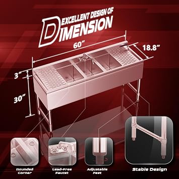 DuraSteel 3 Compartment Under Bar Sink - CEC & NSF 304 Stainless Steel 3 Bay Utility Sink with No Lead Faucet - 60 L x 19 W x 33 H - Double Drainboard Commercial Restaurant Grade