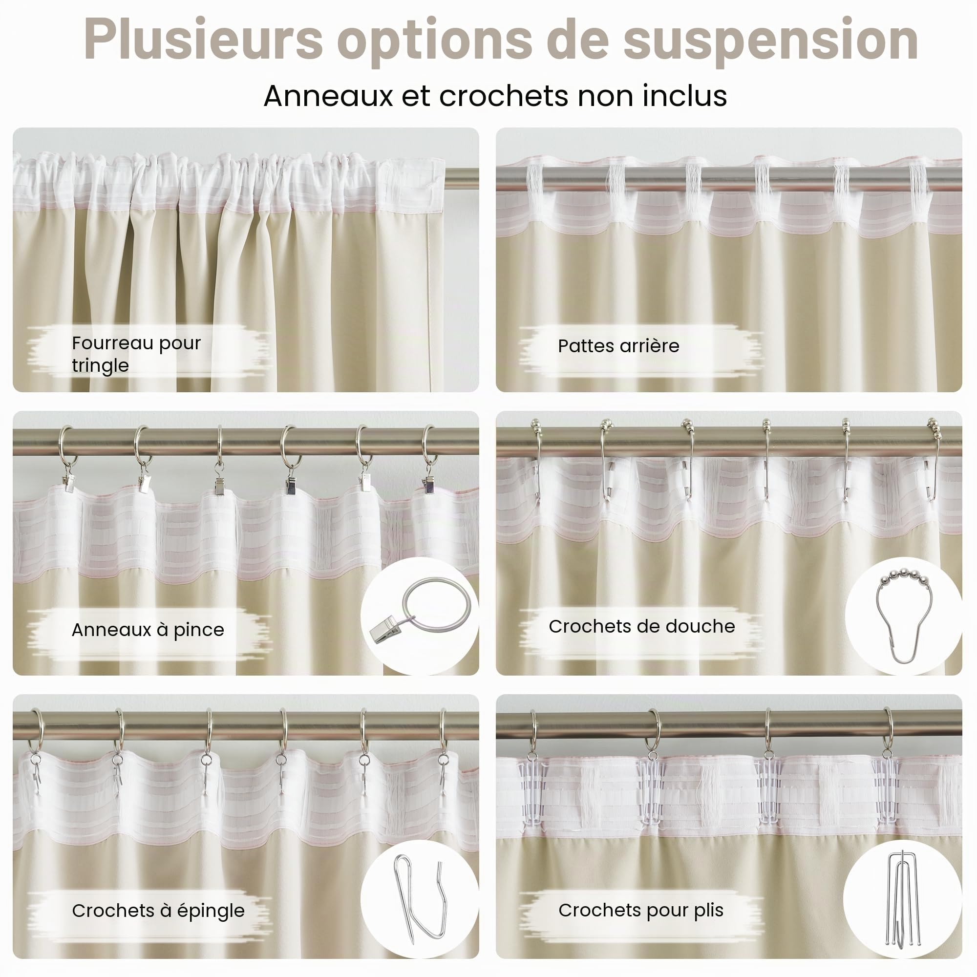 DUALIFE Lot de 2 Rideaux occultants avec Languette arrière avec Passe-Tringle pour Salon - Isolation Thermique - 132 x 228 cm - Crème