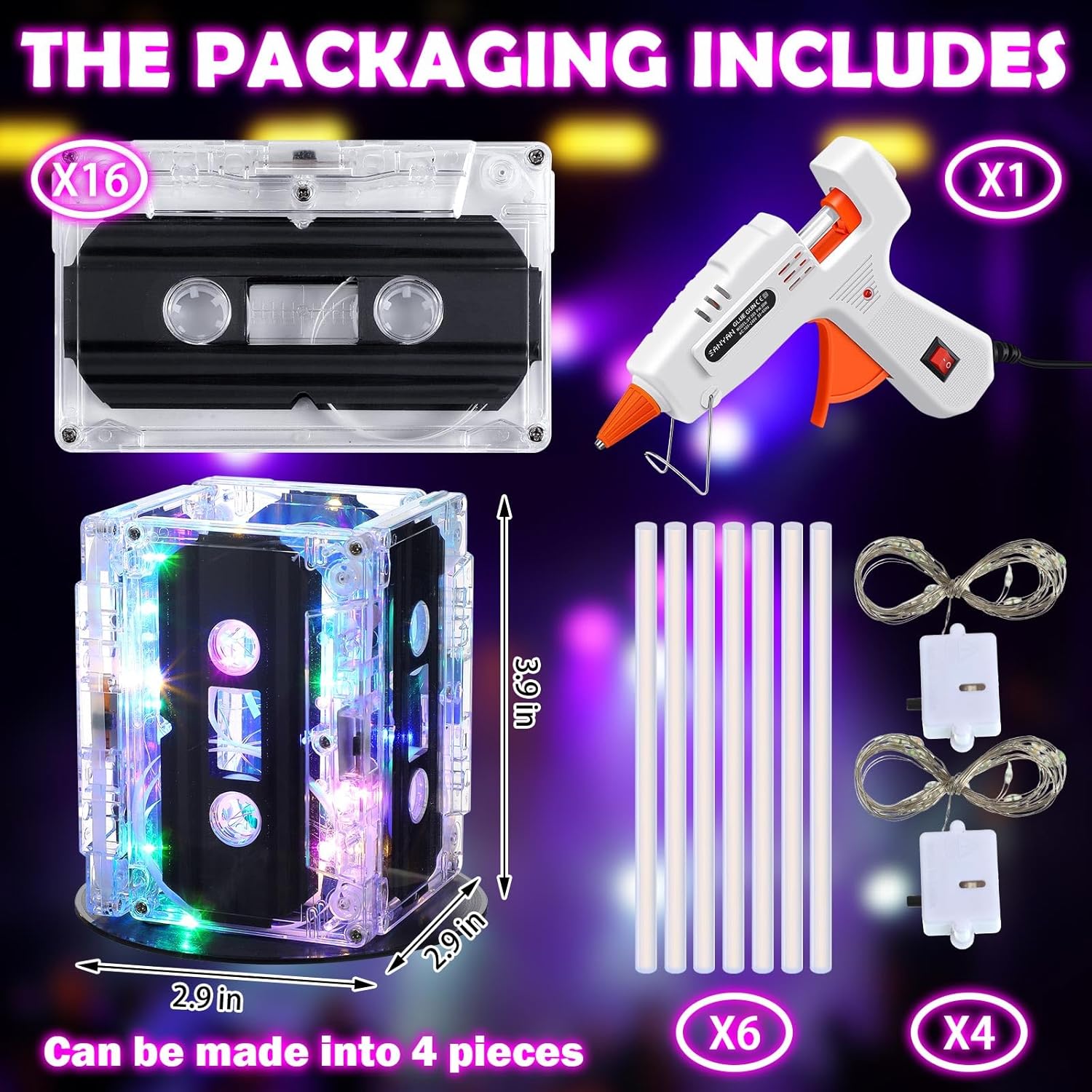 Halloscume 4 Sets 80s Party Decorations 90s Cassette Tape Bucket Centerpiece Tape Radio Boombox Birthday Party Table Neon Light Decorations for 1980 1990 Hip Hop Supplies