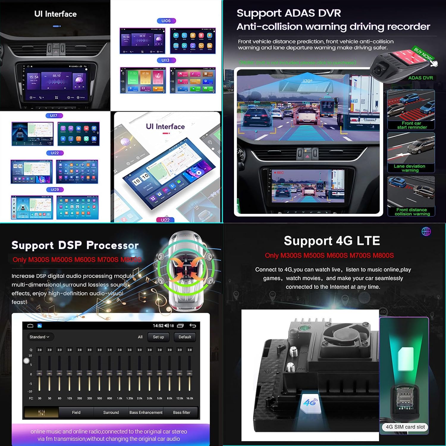EsaSam M95S car radio advanced features: Various UI interfaces, ADAS DVR support for driving recording and safety warnings, DSP sound processor, and 4G LTE connectivity (for M300S/M500S/M600S/M700S/M800S).