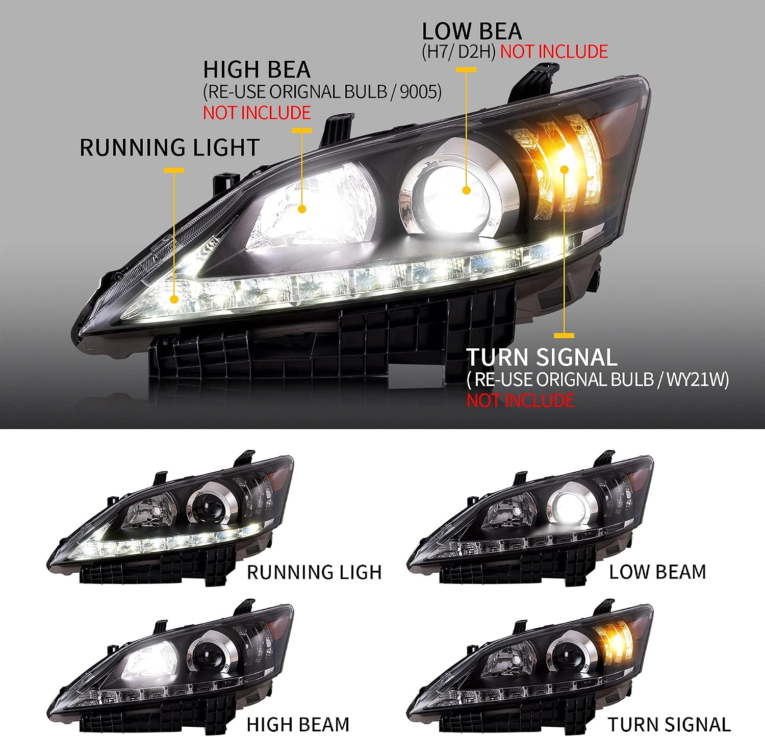 VLAND Projector Headlights for [Lexus ES350 2010 2011 2012] Front Lamps Assembly with Amber Turn Signal YAA-ES-2255B, Black,Driver & Passenger Sides