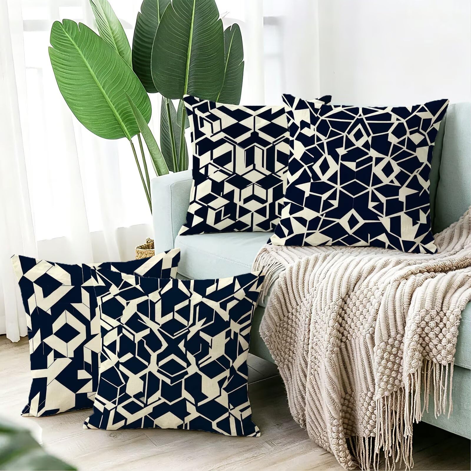 Nero Federe Cuscini Divano 60x60cm, Cuscini da Esterno Set de 4, Cod-174 | Lin Copricuscini Decorativi Letto Arredo, per Letto, Soggiorno, Giardino, Esterno, Casa Decorazione Set di 4 Geometria