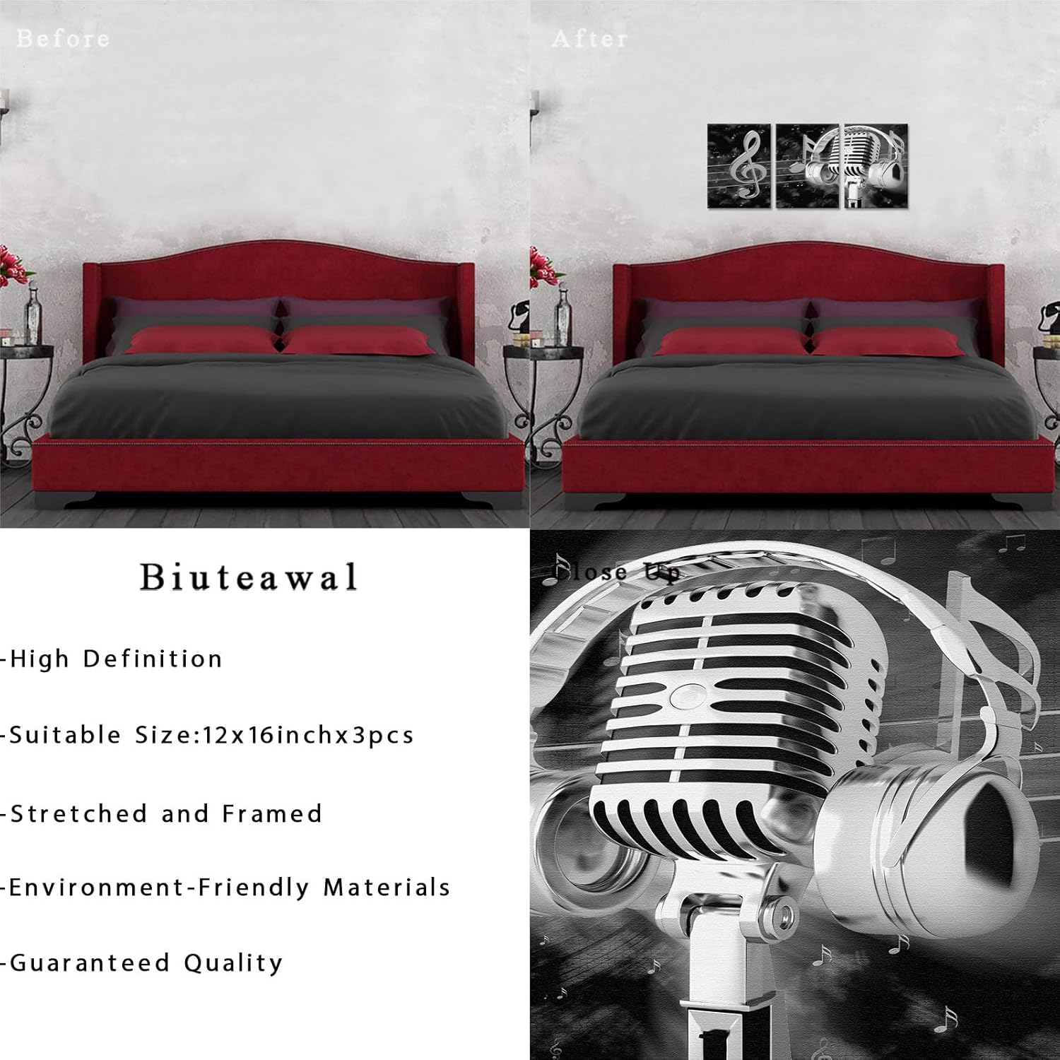 Biuteawal Music Artistic Paintings Wall Art Black White Microphone and Headset Note Picture Canvas Giclee Print Modern Home Studio Bedroom Decor Stretched and Framed Ready to Hang