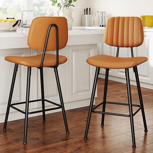 Bar Stools Set of 2, 24.6 Inch Counter Height Barstools, High Backrest Faux Leather Upholstered Counter Stools with Armless Footrest Modern Bar Chairs Tall Pub Stools for Kitchen Dining,Brown