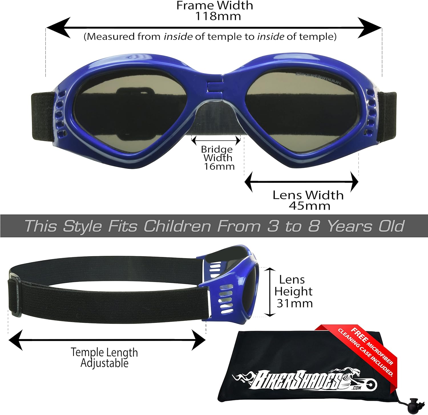 Bikershades Kids Safety Sunglass Goggles Foldable Boys Girls 3 to 8 Years Old Motorcycle Motor-Cross Extreme Sports Skiing