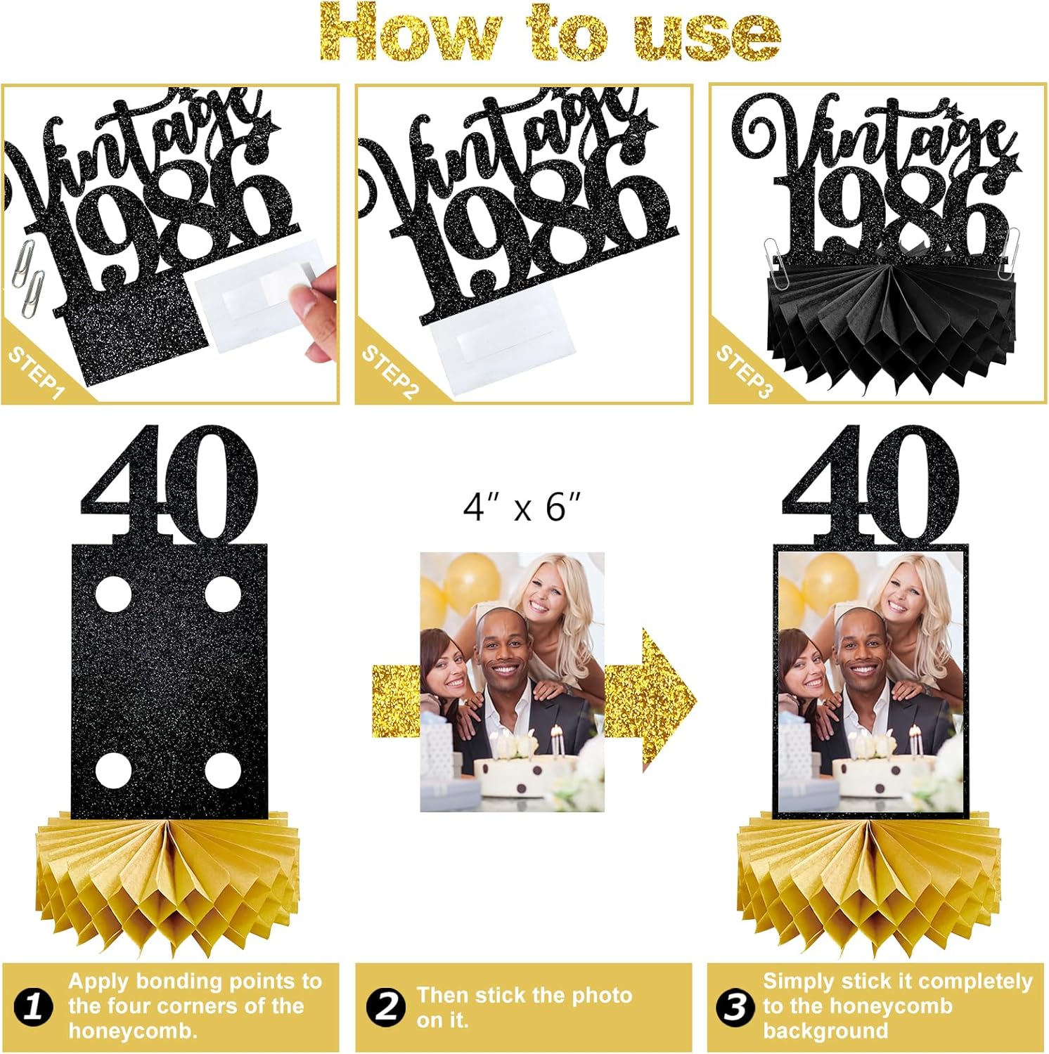 8Pcs 40th Birthday Decorations Honeycomb Centerpieces for Women Men, Black Gold Vintage 1986 40th Bday Photo Table Centerpieces Party Supplies, Glitter Cheers to 40 Year Old Bday Table Topper - Image 5