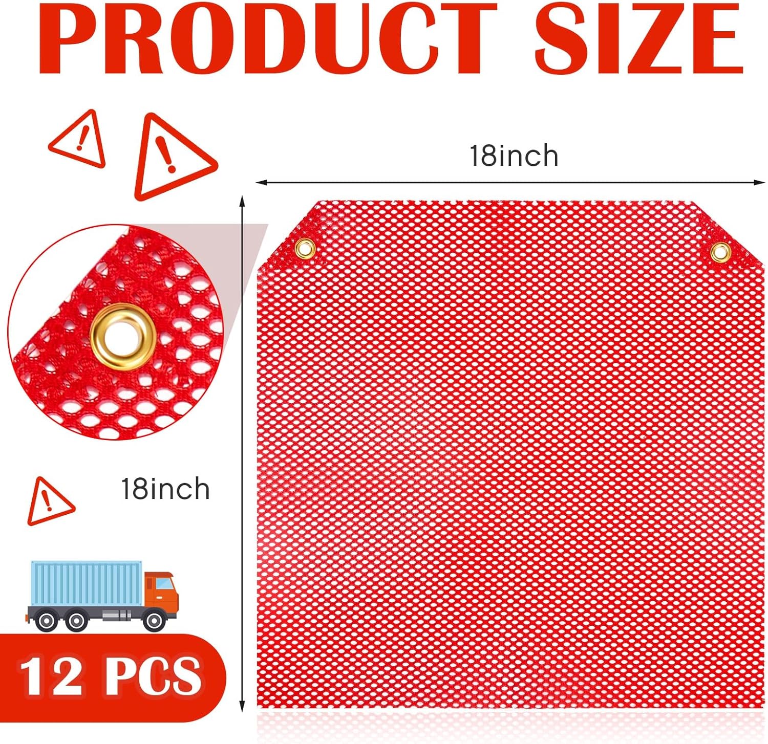 Newwiee 12 Pack 18 x 18 Inch Safety Flags Oversize Grommet Warning Flag Mesh Weatherproof Heavy Duty Flag for Truck Loads Pedestrian Trailer Hauling Crossings Safety Sign(Red)