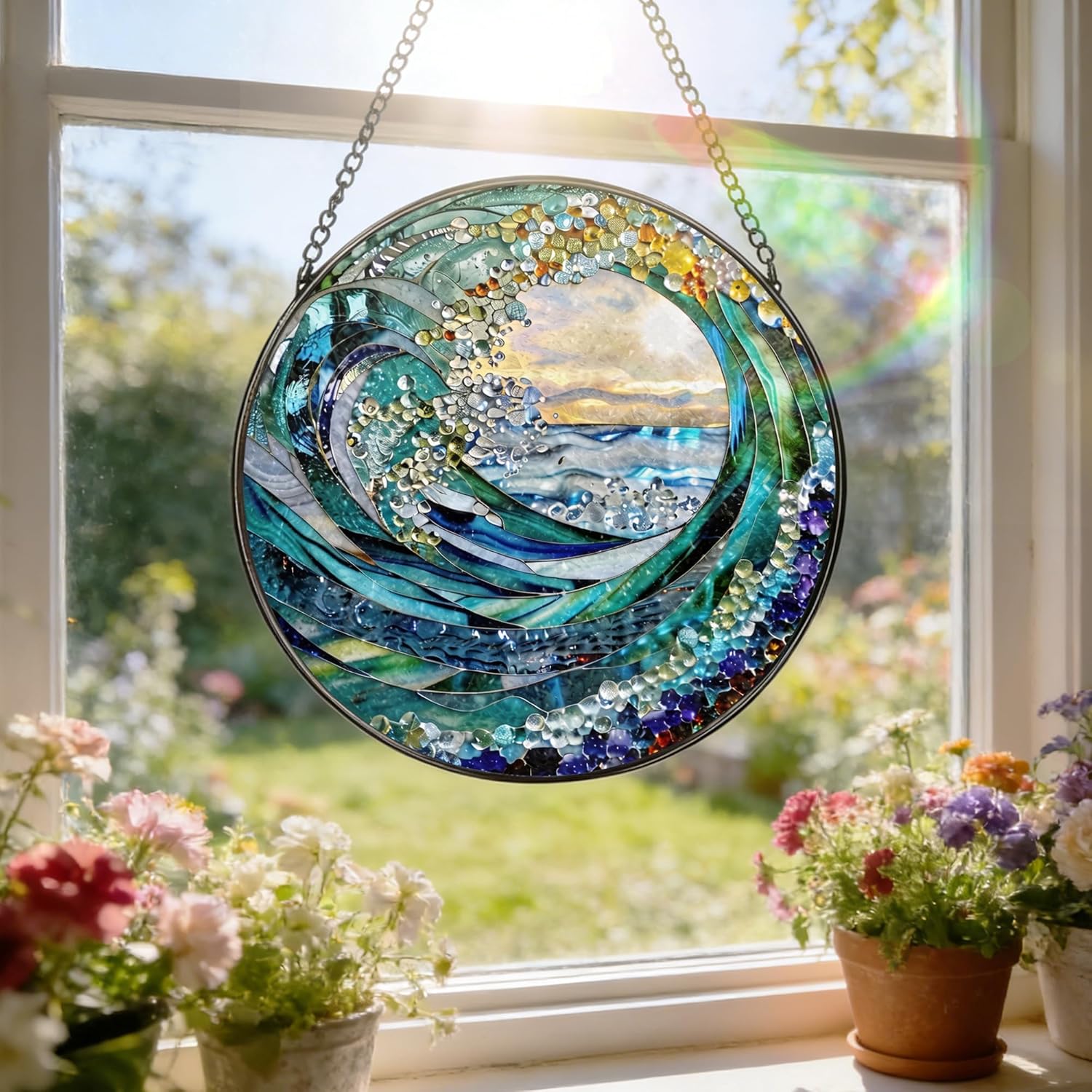 Stained Glass Window Hanging, 7.8" Ocean Wave Stained Glass Suncatcher, Sun Catchers Indoor Window Ornament, Suncatchers for Windows, Doors & Home Decor, Gift for Sea Lovers & Beach Lovers