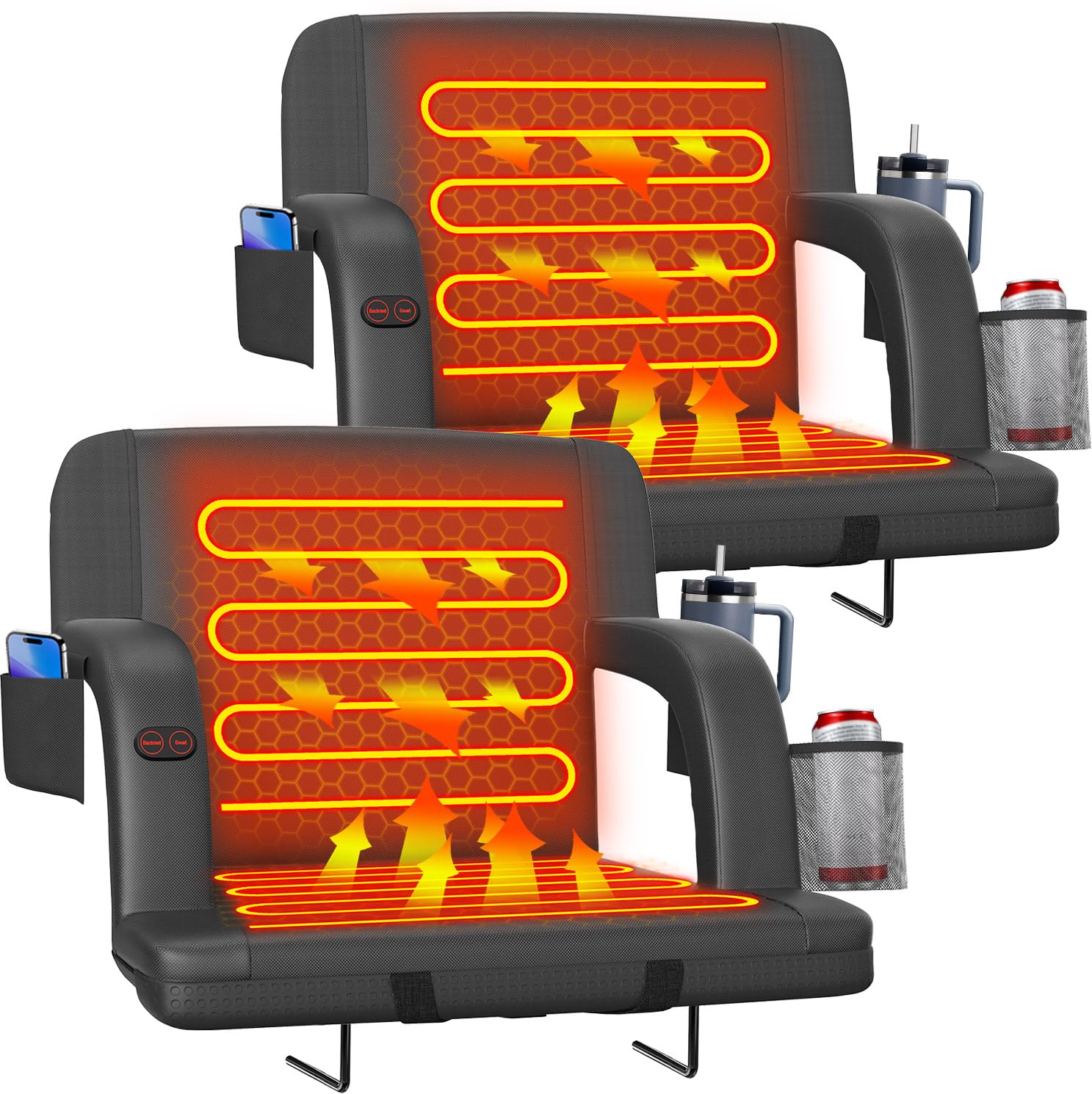 Suteck Dual-Sided Heated Stadium Seats for Bleachers with Back Support, Portable Heated Bleacher Seat with Backrest, 3 Heat Levels, 5 Pockets – Ideal