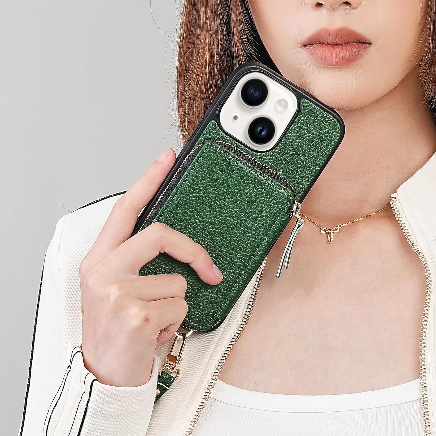 ZVE for iPhone 14 Wallet Case Crossbody, Zipper Phone Case with RFID Blocking Card Holder Wrist Strap, Purse Cover for Women Compatible with iPhone 14, 6.1", 2022-Dark Green
