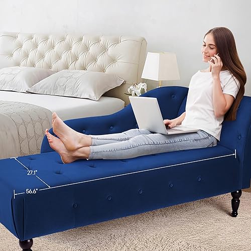 Miniatura 8 de Alkmaar Chaise lounge de terciopelo moderna silla de descanso con botones y patas de madera maciza silla tapizada para interiores para sala de estar