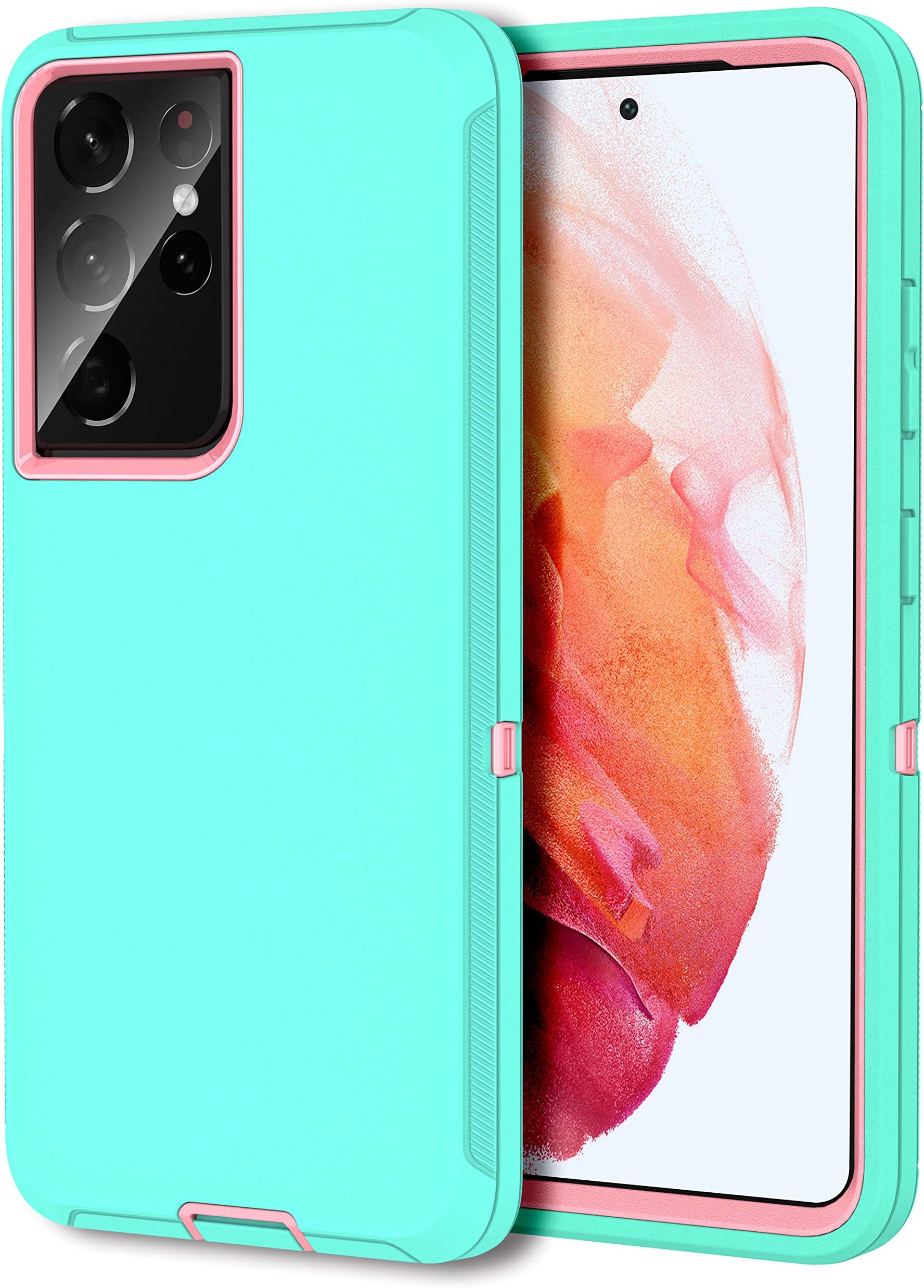 MXX Case Compatible with Galaxy S21 Ultra Case, 3-Layer Super Full Heavy Duty Body Bumper Cover/Shock Protection/Dust Proof, Designed for Samsung Galaxy S21 Ultra 5G 6.8 Inch 2021 (Aqua/Light Pink)