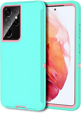 MXX Case Compatible with Galaxy S21 Ultra Case, 3-Layer Super Full Heavy Duty Body Bumper Cover/Shock Protection/Dust Proof, Designed for Samsung Galaxy S21 Ultra 5G 6.8 Inch 2021 Aqua/Light Pink