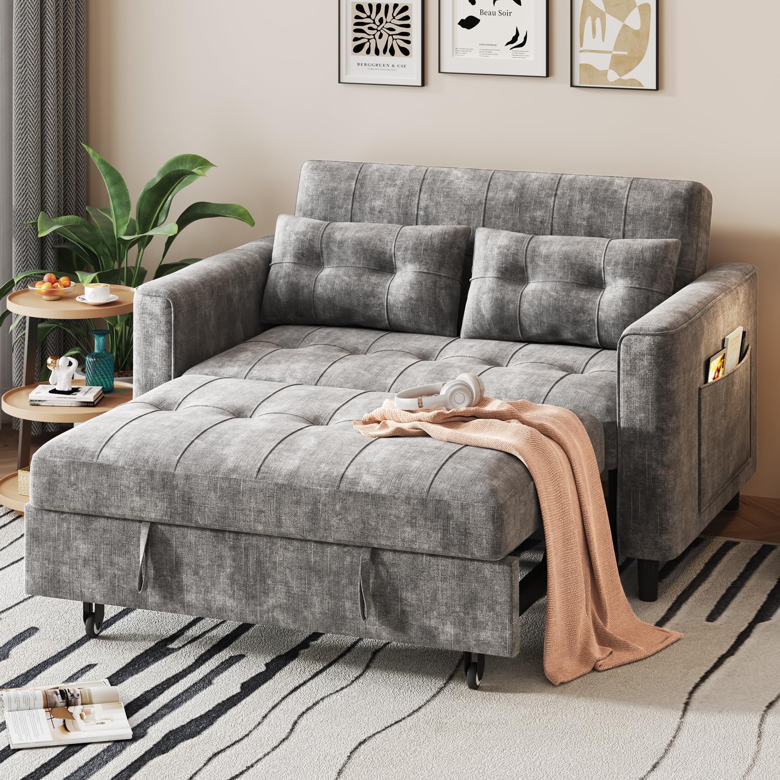 3 in 1 Convertible Sleeper Sofa Bed, Pull Out Couch Bed with Adjustable Backrest, Small Futon Sofa Beds,Chenille Loveseat Couches with Side Pocket for Living Room, Bedroom (Light Grey)