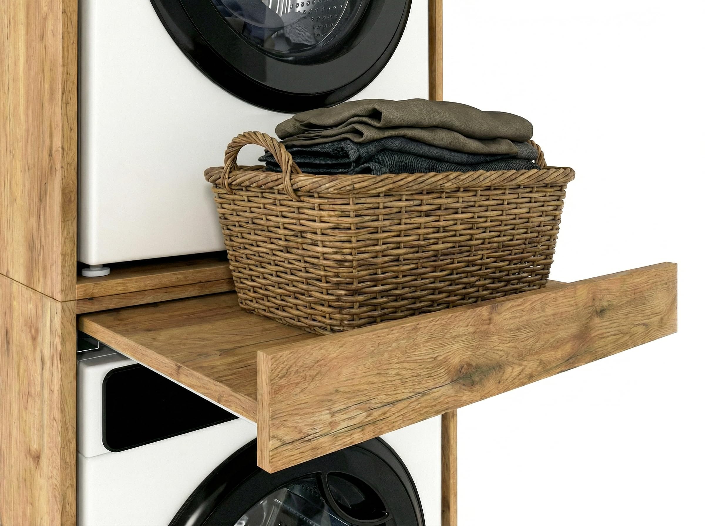 CraftPAK Waschmaschinenschrank für Waschmaschine & Trockner | Platzsparender Waschturm mit ausziehbarer Arbeitsfläche | Schrank für Badezimmer und Hauswirtschaftsraum mit Stauraum
