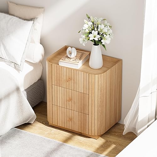 Miniatura 5 de COZAYH Mesita de noche de madera de 3 cajones con listones verticales, cómoda rústica de borde curvado con asas de metal, mesa auxiliar de cama de