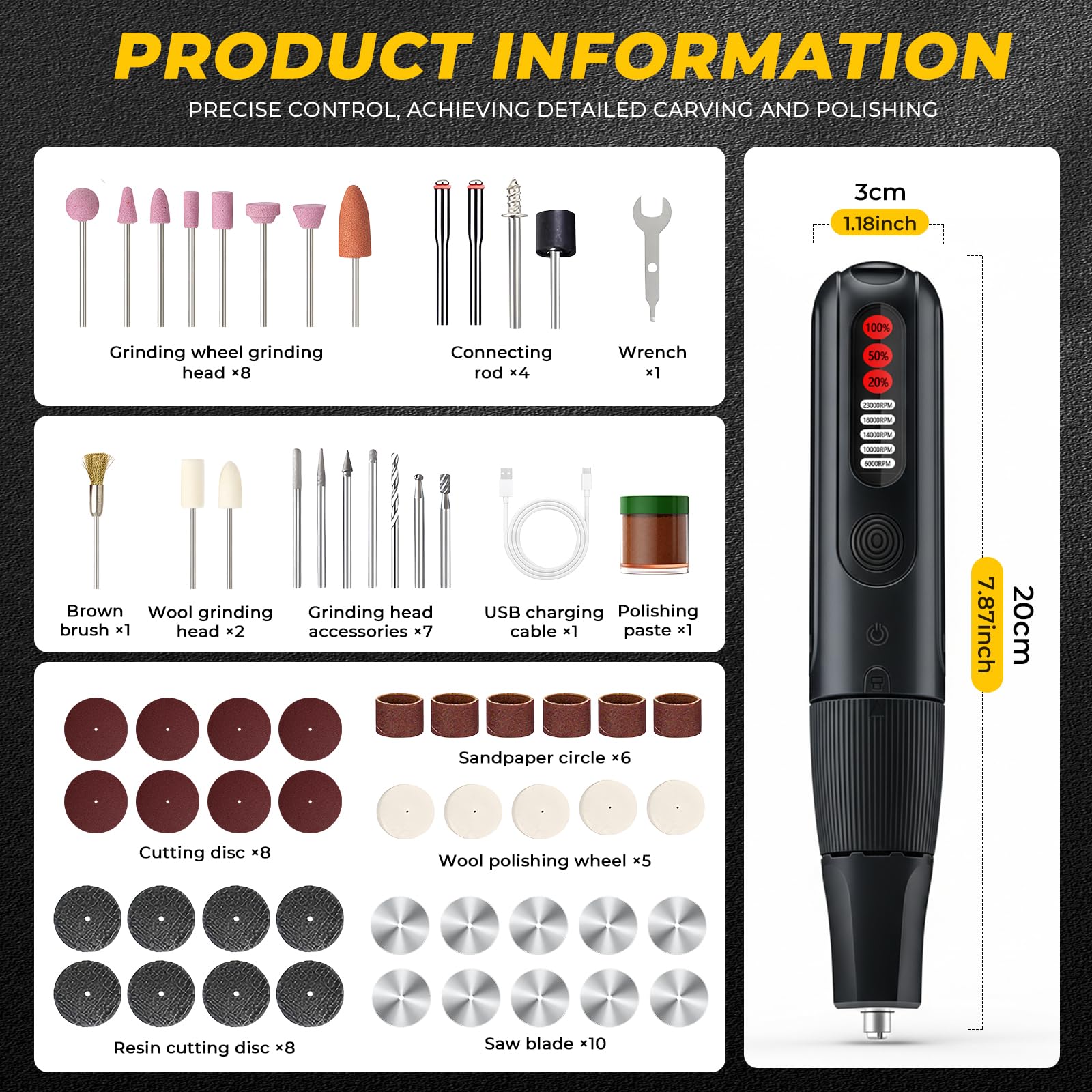 Strumento multifunzione 8V 61 accessori Utensile Rotante 5 marce 23000 giri/min MAX Mini Trapano a Batteria LED