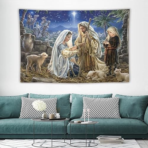 Miniatura 3 de Tapiz de pesebre navideño, escena de Jesús, estatua de Jesús, tapiz para colgar en la pared, religión cristiana, 40 x 60 pulgadas de ancho, arte de