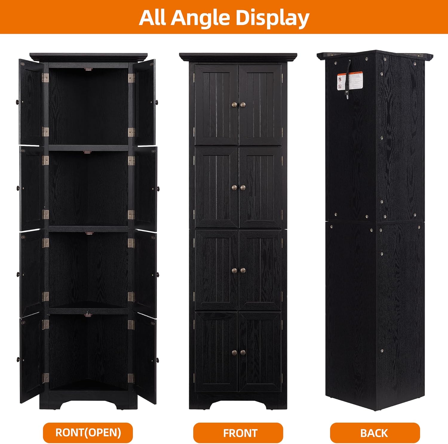 4 Tier Farmhouse Corner Storage Cabinet, 72" H Kitchen Pantry Cabinet with 8 Doors & 4 Shelves, Corner Storage Rack for Living Room, Kitchen, Office, Black