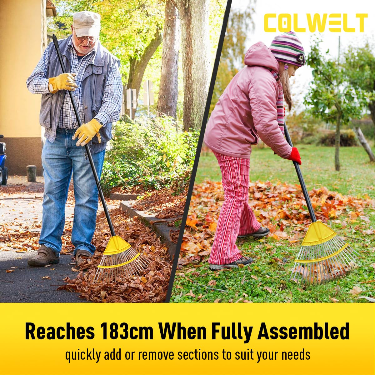Colwelt Gartenrechen für Blätter, 183 cm, 22 Zinken, Rechen für die Gartenarbeit, mit 44 cm breitem Kopf, Laubbesen für Rasen mit langem Griff, Laubrechen für Strauch, Gras, Schmutz, Kiefernnadeln