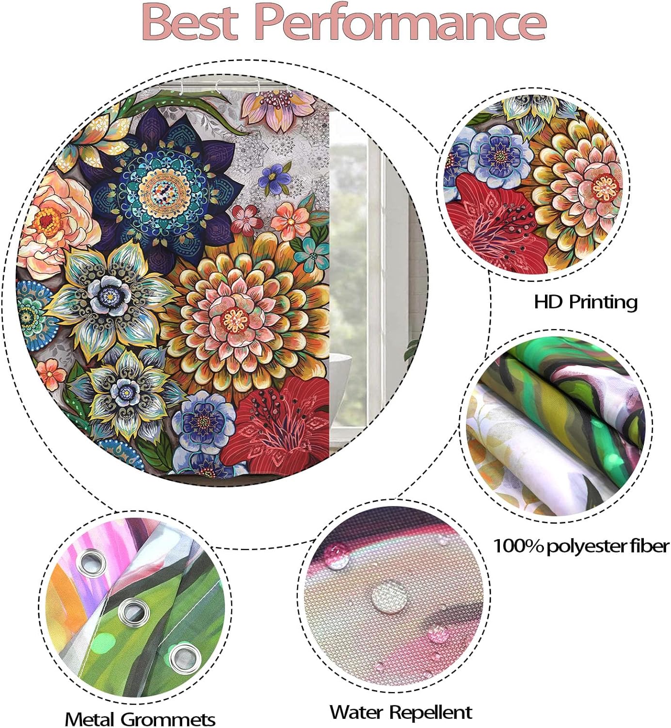 Neasow Boho Floral Shower Curtains for Bathroom, Bright Fabric Blossom Shower Curtain with 12 Hooks, Multi Color 72"×72"