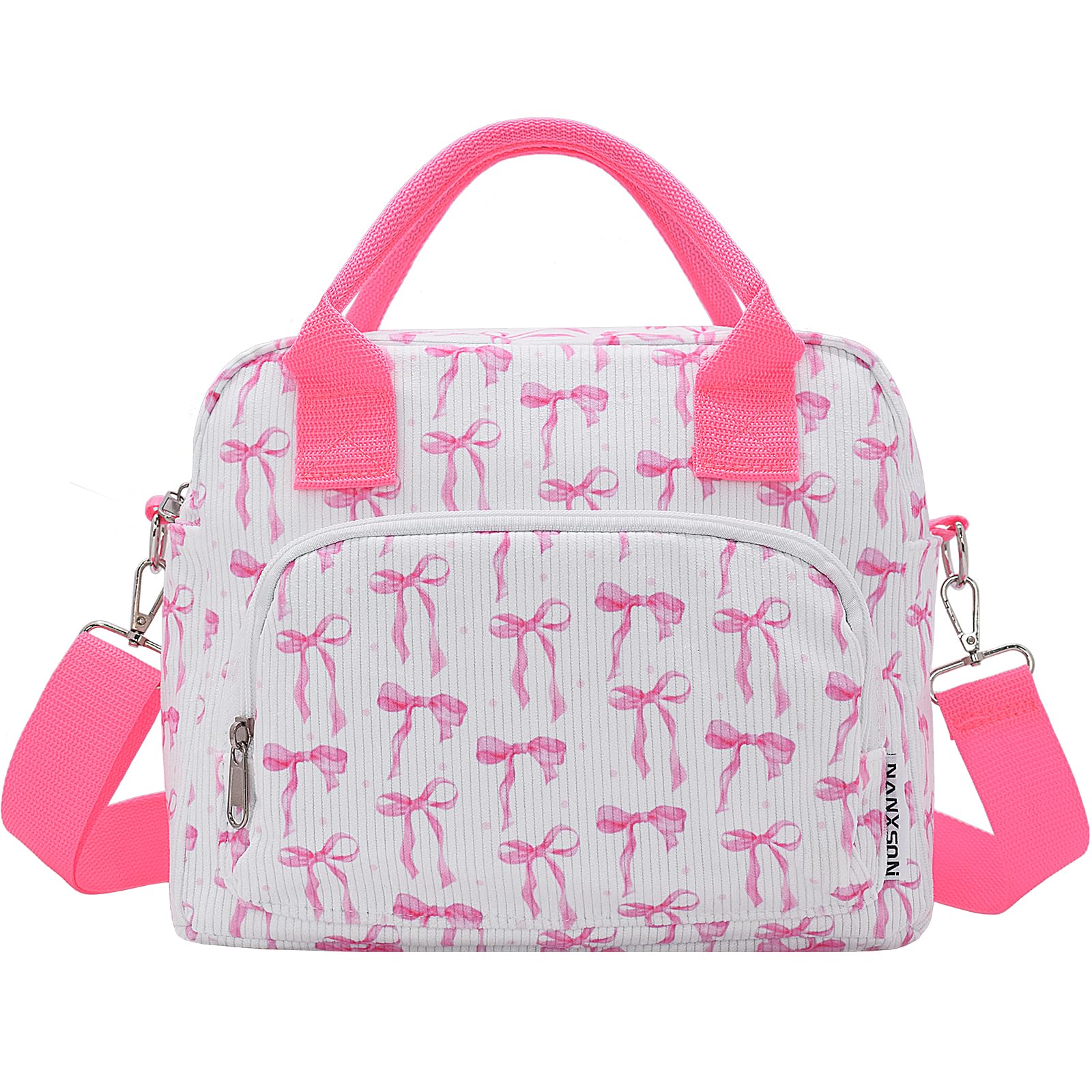 Nanxson Insulated Lunch Bag 12L Large Capacity Reusable Lunch Box Cute Corduroy Cooler Tote Bags Soft Cooling Tote for Work Picnic or Travel for Women Men (12L,Pink Bow)