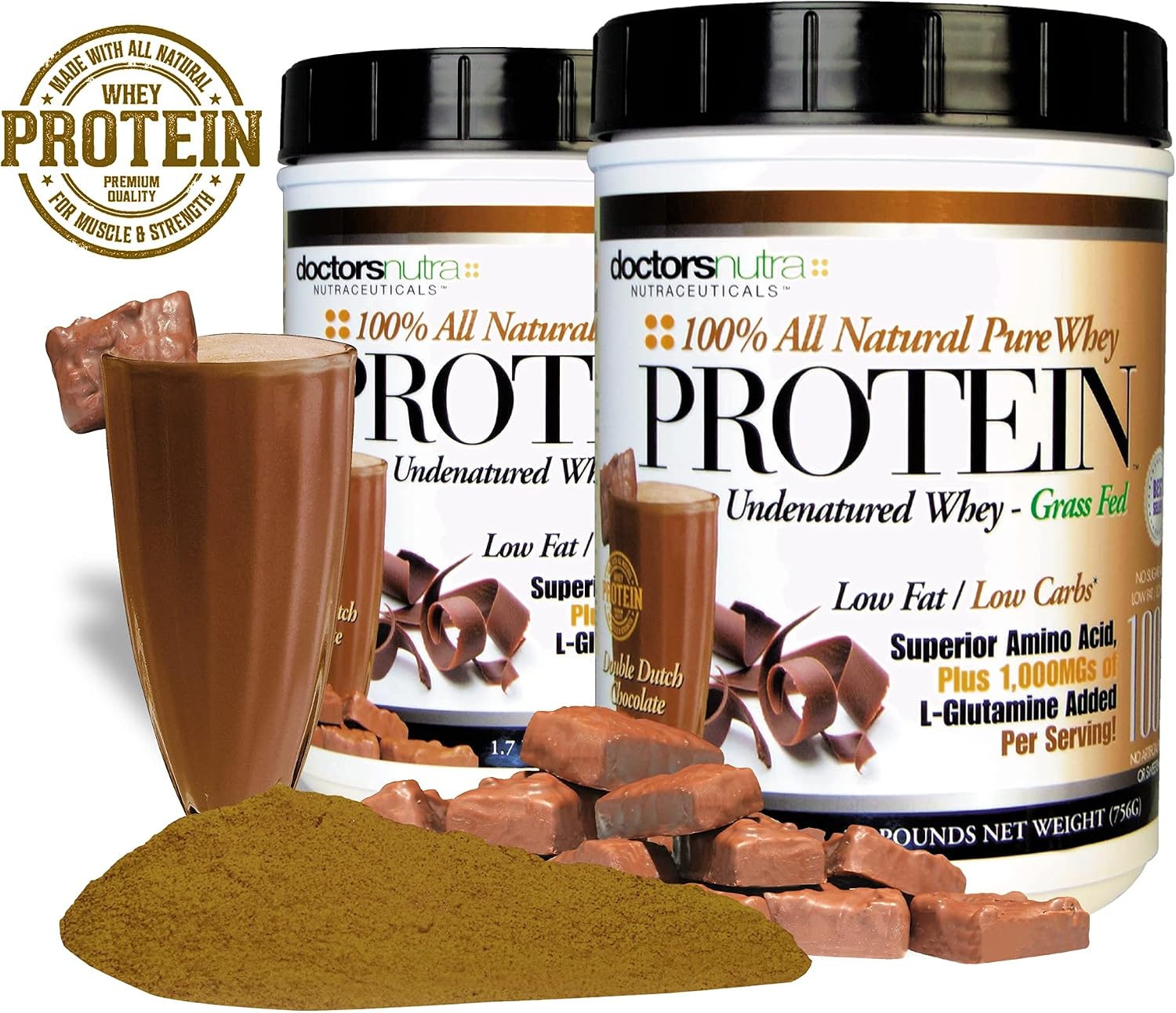 Doctors Nutra Nutraceuticals (Pack of 2) Pure 100 Percent - Undenatured Grass Fed Whey Protein, Double Dutch Chocolate Flavor, Natural Ultrafiltered Plus 1000 Milligrams L-Glutamine