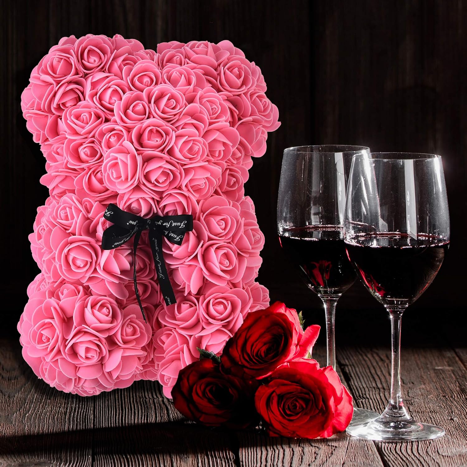 Rose Bear - Rose Teddy Bear 10 inch Teddy Flower Bear - Over 250 Dozen Artificial Flowers - Valentines Day, Anniversary & Bridal Showers Clear Gift Box (Pink)