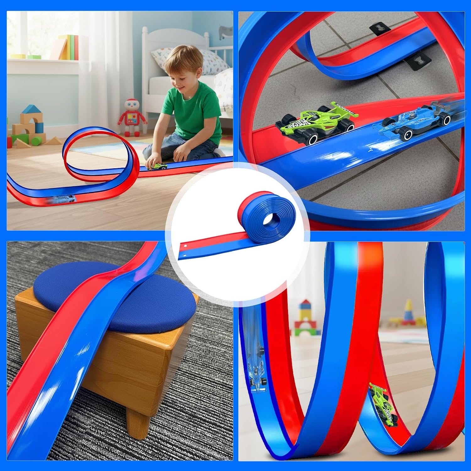 Flexible Race Track for Kids, 15 Ft Race Car Track with 2 Cars & 4 Suction Cups, Double Color, Compatible with All Major Brands, Portable Rolls Up Car Ramp Toy