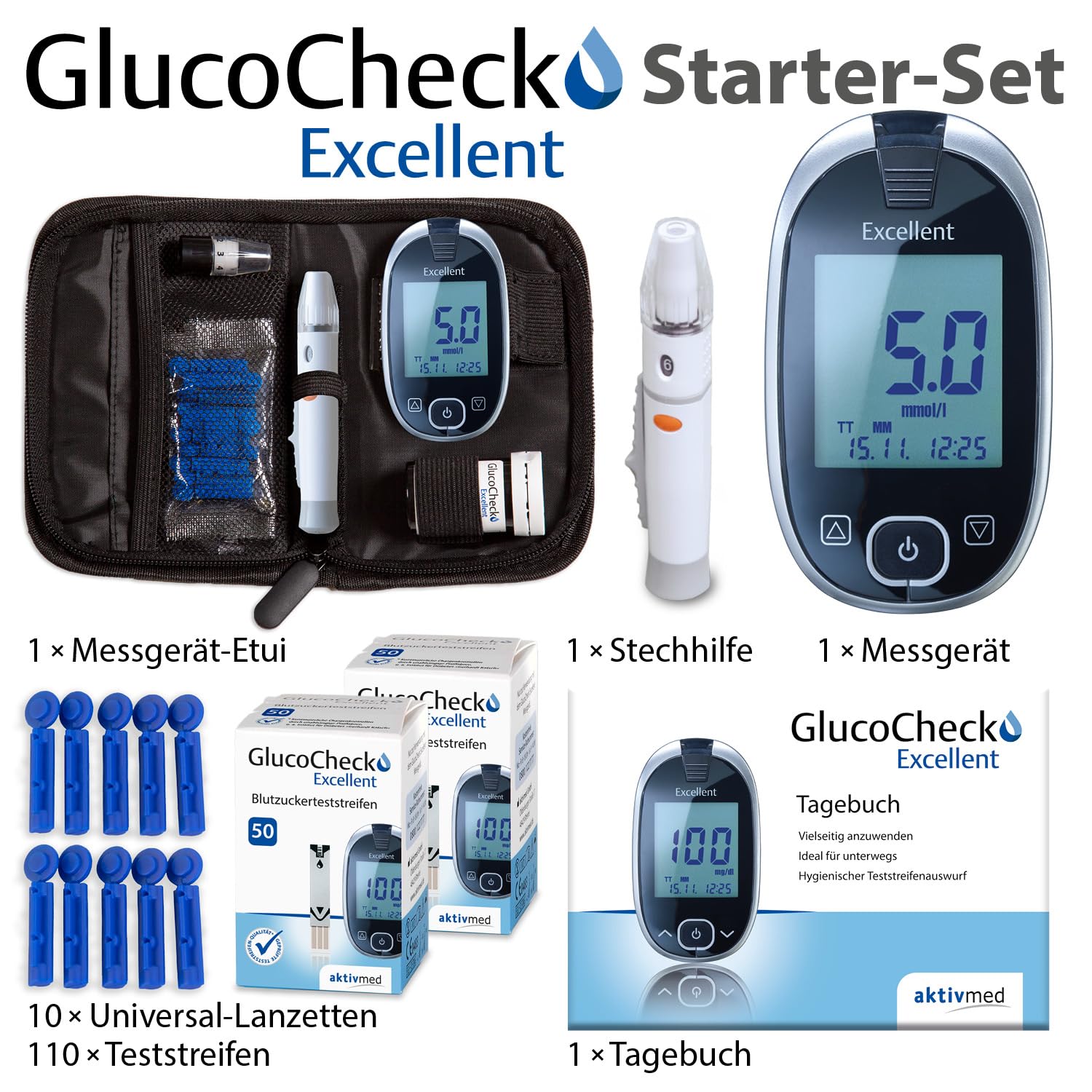 GlucoCheck Excellent Blutzuckermessgerät Starter-Set [mmol/l] mit 110 Blutzuckerteststreifen, 10 Lanzetten, 1 Stechhilfe, 1 Etui
