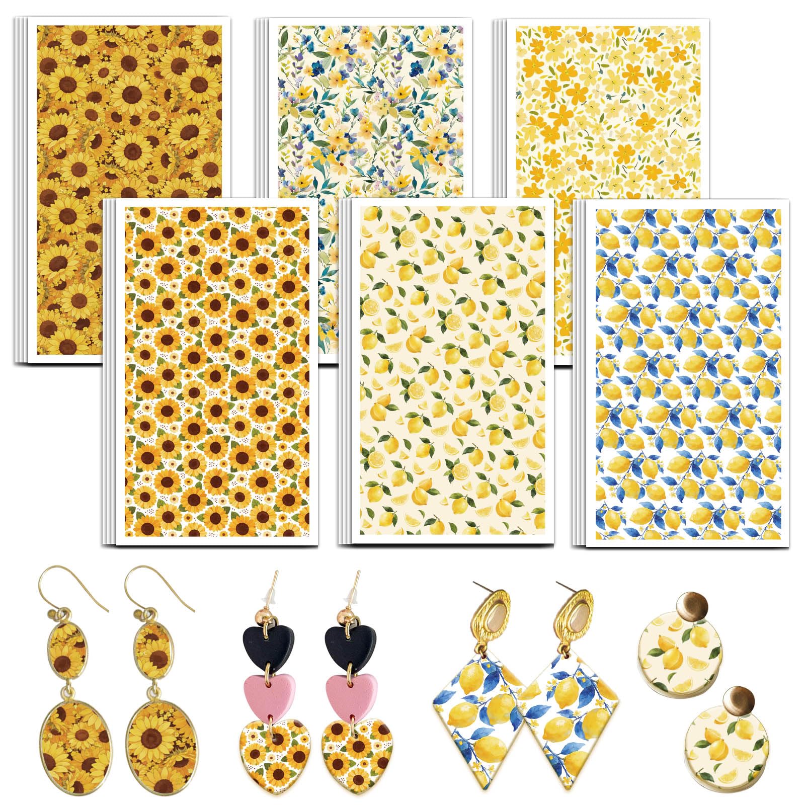 OLYCRAFT 24pz Carta da Trasferimento per Argilla con Fiori Gialli 6 Design Carta da Trasferimento Limoni per Polimeri Girasoli per Argille Polimerica per Creazione Orecchini in Argilla Gioielli