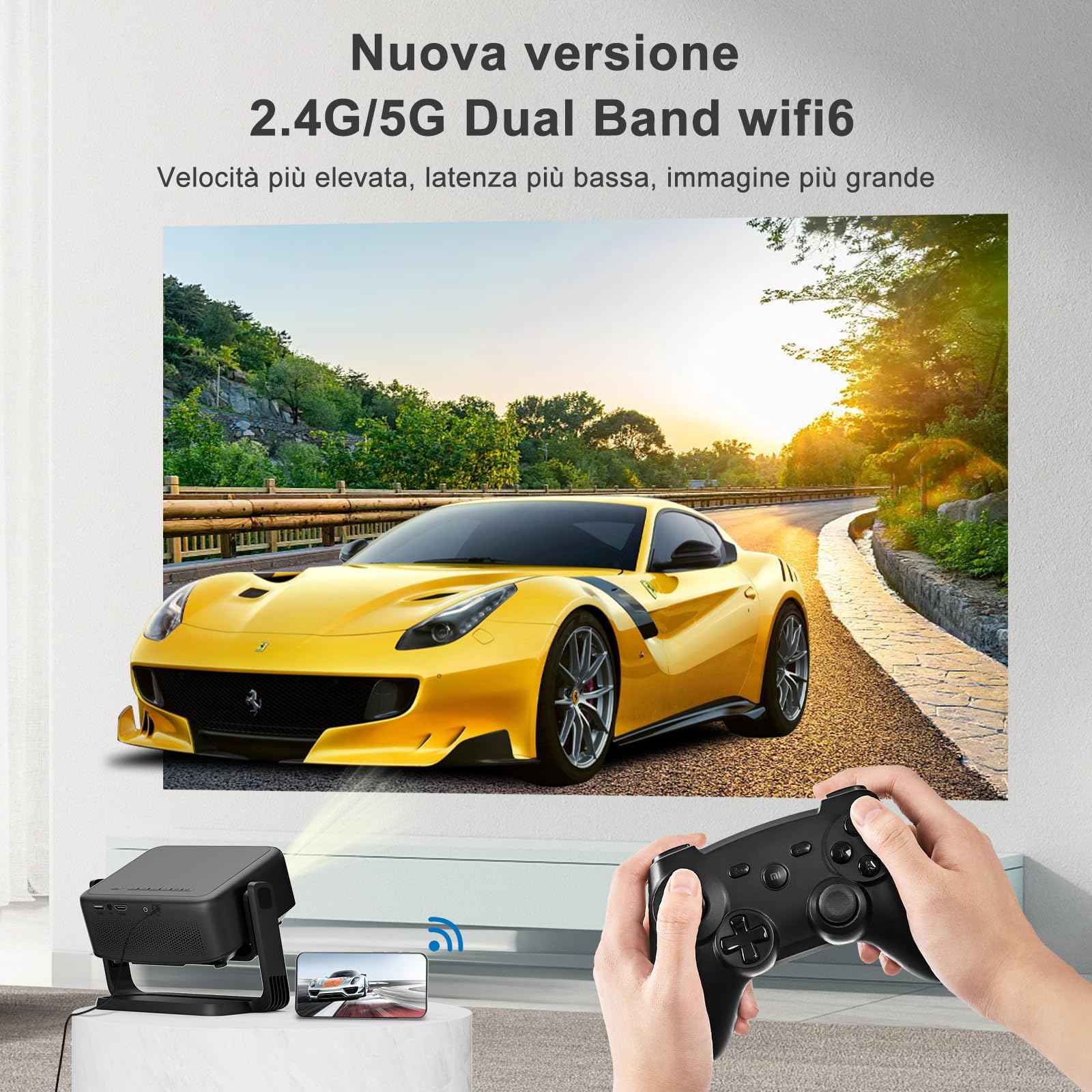 Proiettore portatile con rotazione a 360° Staccabile Auto Keystone 20000L 1080P HD 4K Supporto ONOAYO Mini Proiettore WiFi6 BT5.2, Zoom Fcous remoto Home Cinema per iOS/Android