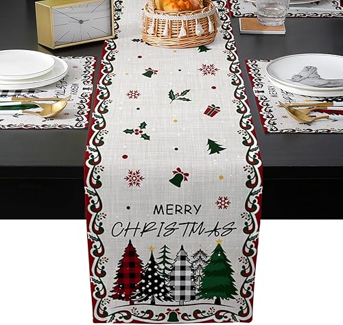 Miniatura 2 de Juego de 6 manteles individuales para árbol de Navidad con caminos de mesa de 90 pulgadas de largo, manteles individuales de lino y algodón, juego