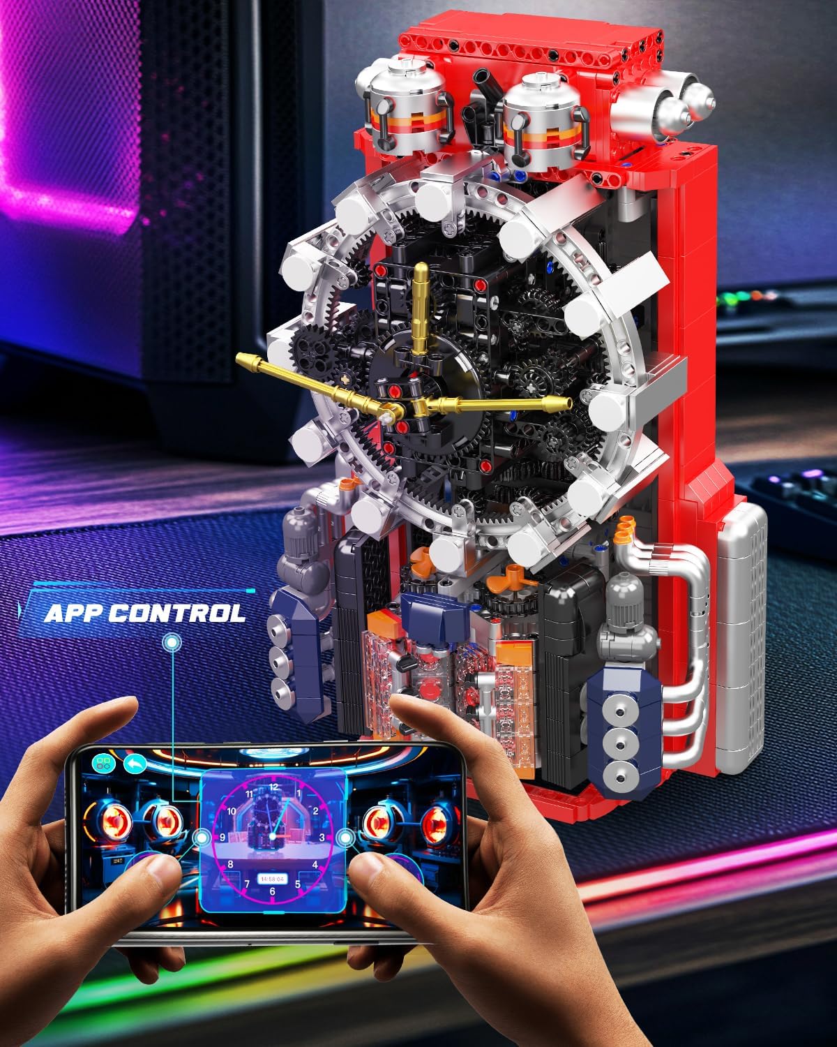 Hands holding a smartphone displaying an app interface for controlling the Cyberpunk Engine Clock, which is visible in the background.