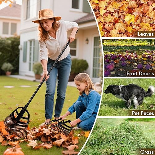 Miniatura 5 de Rastrillo de hojas de jardín 2 en 1 y palas de hojas, rastrillo de hojas ajustable para césped con agarre, rastrillos de mano para recoger hojas,