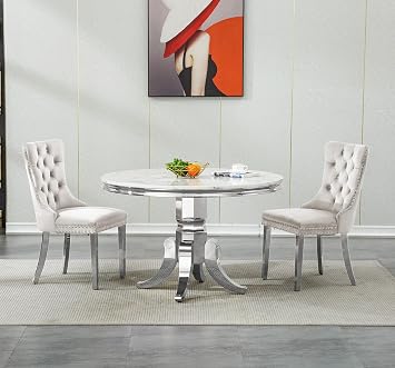 44.88" White Silver Faux Marble Dining Room Table Set for 2,3-Piece Modern Kitchen Dining Room Table Set,Round Kitchen Table Set with 2 Beige Velvet Upholstered Dining Chairs for Dining Room