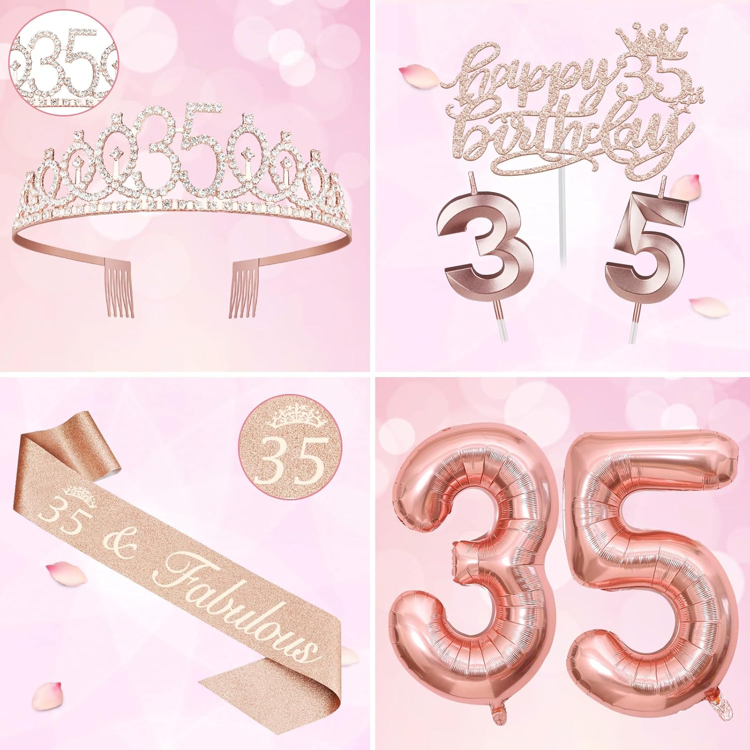 35th Birthday Decorations for Women, Including 35th Birthday Sash and Tiara, Cake Topper and Candles, Number Balloons, 35 Year Old Gifts for Women - Image 3