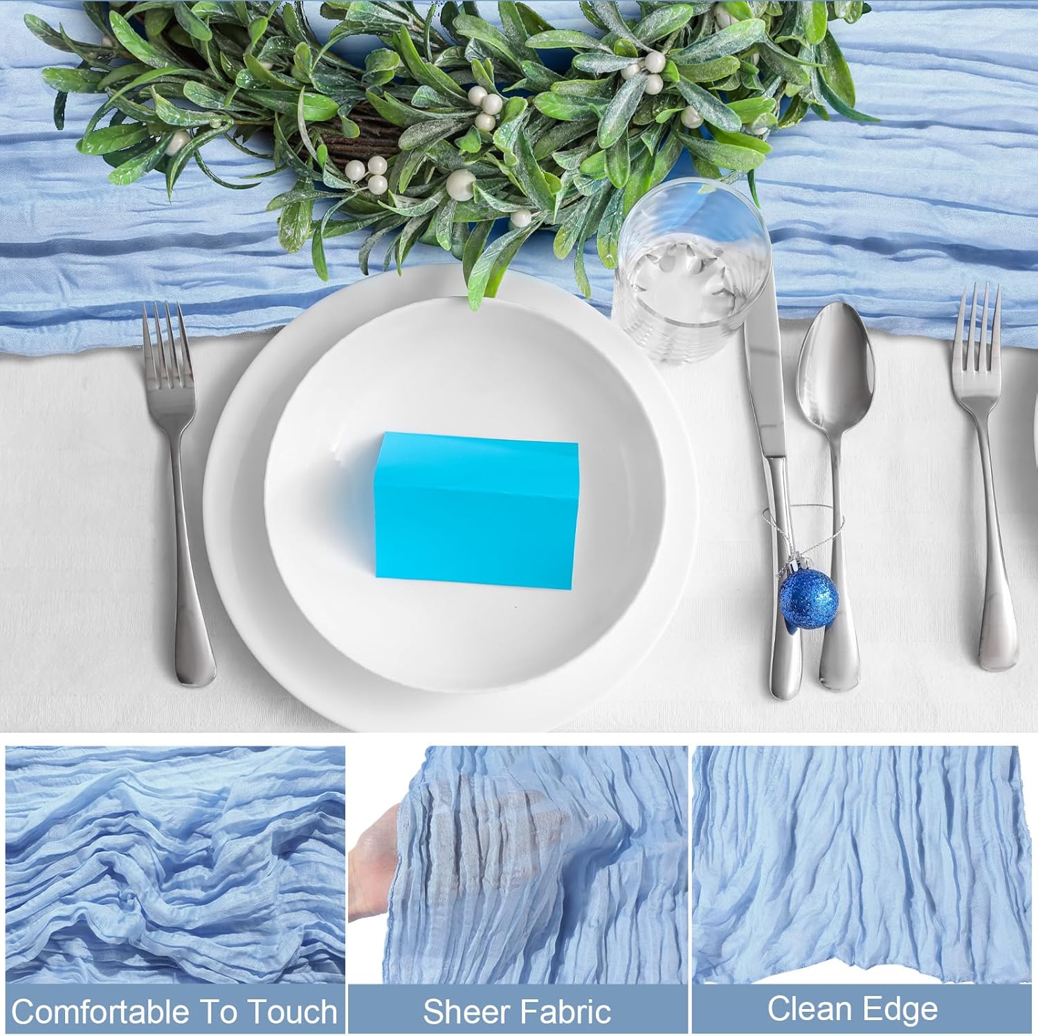 Foaincore 12 Pack Dusty Blue Cheesecloth Table Runner 13ft Boho Gauze Table Runner Rustic 157" Long Cheese Cloth Romantic for Spring Boho Wedding Bridal Baby Shower Arbor Decor