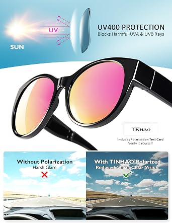 TINHAO Foldable Fit-Over Sunglasses Women Polarised UV400 Cat Eye, Wear Over Prescription Glasses Up to 13.5×5cm, Face Slimming Retro Style, Beach Golf Fishing Outdoor, Pouch & Strap Included