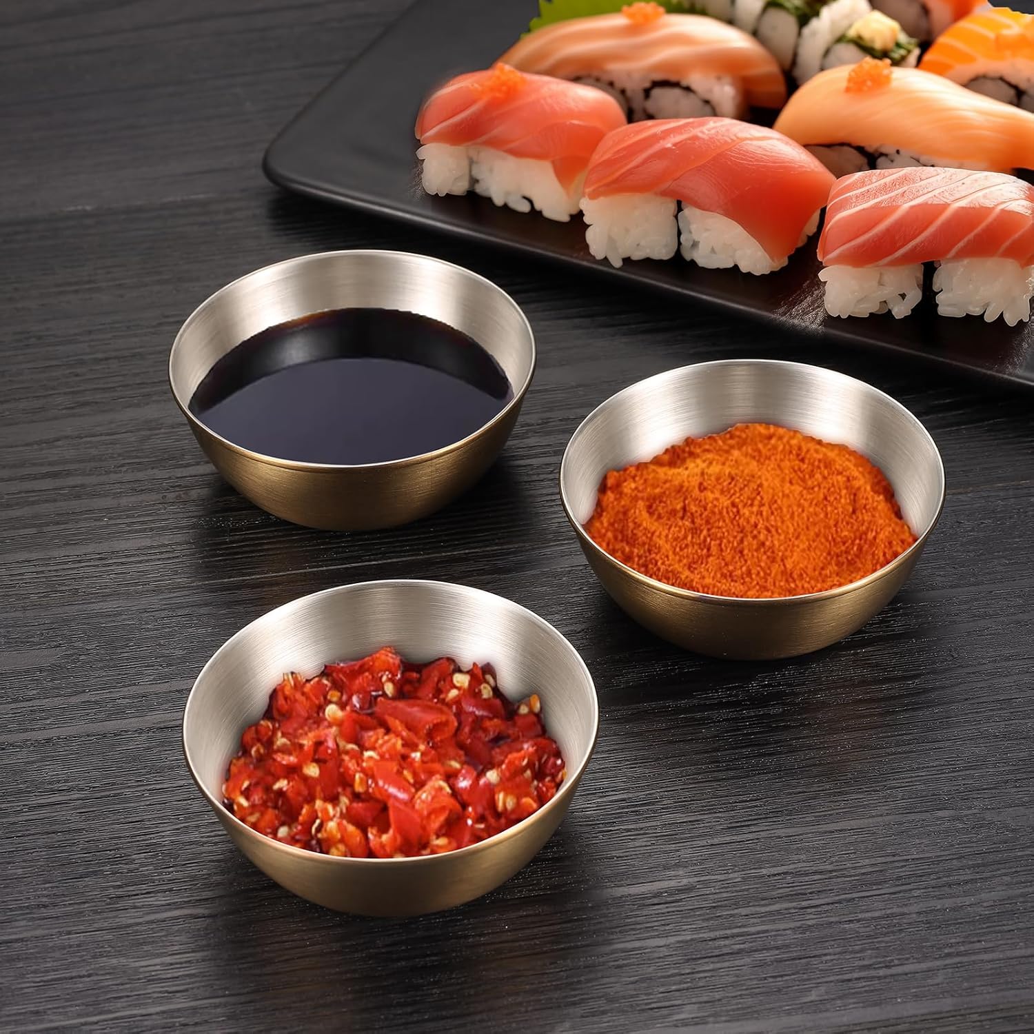 Sauce Cups 3oz 24 Pieces Two-tone Stainless Steel. Reusable Stackable Portion Containers for Sampling, Salad Dressing Sides or Dipping Sauces. Small Ramekin for Restaurant, Catering or Deli.