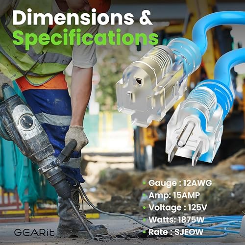 Miniatura 7 de GEARit Cable de extensión, calibre 12 AWG, cable de extensión, triple salida SJEOW, 123, para interiorexterior, enchufe con luz LED, chaqueta de