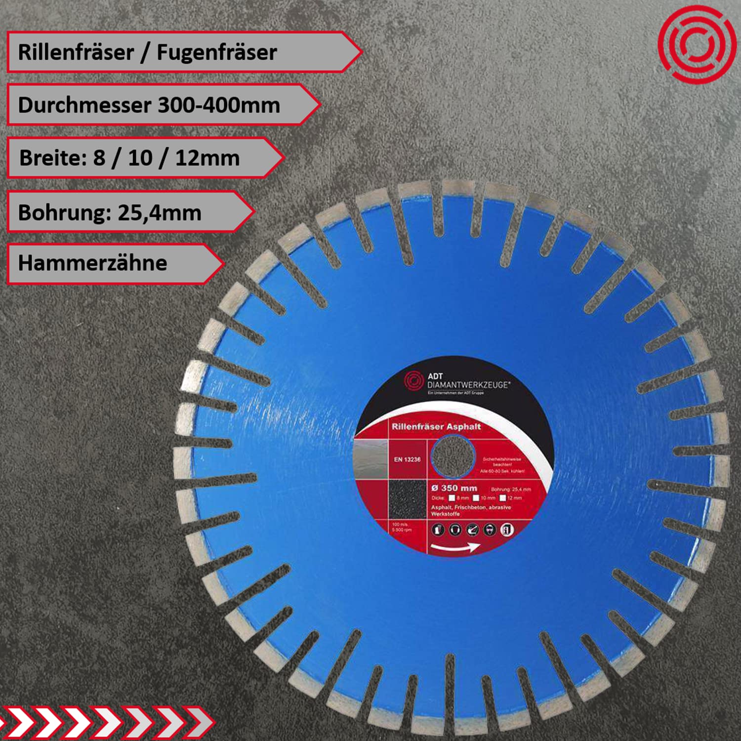 Fresa comune/scanalatura Fresa Ø 400 mm/25,4 mm Foro fresa comune/scanalatura Fresa con segmento 10 mm altezza e 8 mm Segment volumi per asfalto